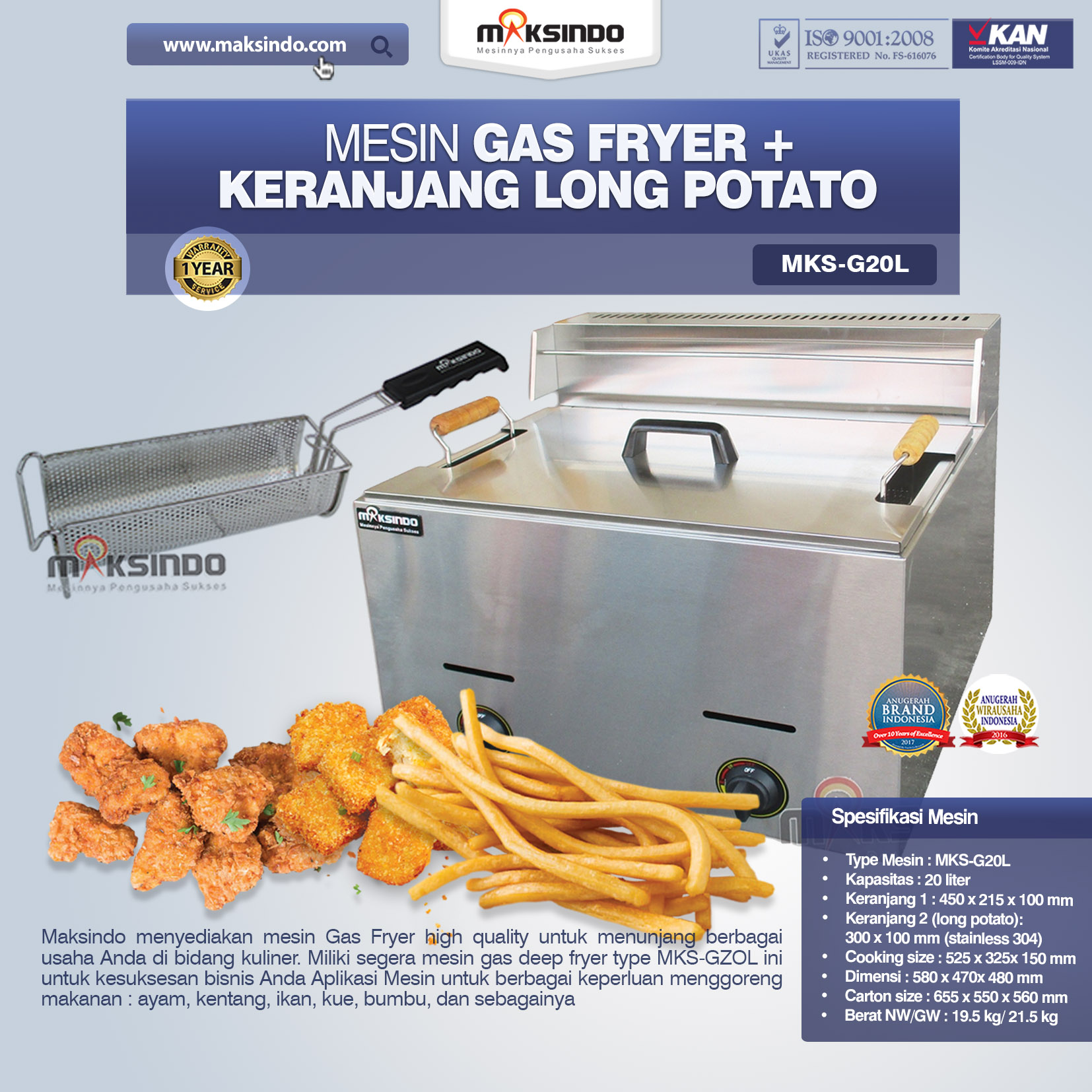Jual Mesin Gas Fryer MKS-G20L + Keranjang di Bandung