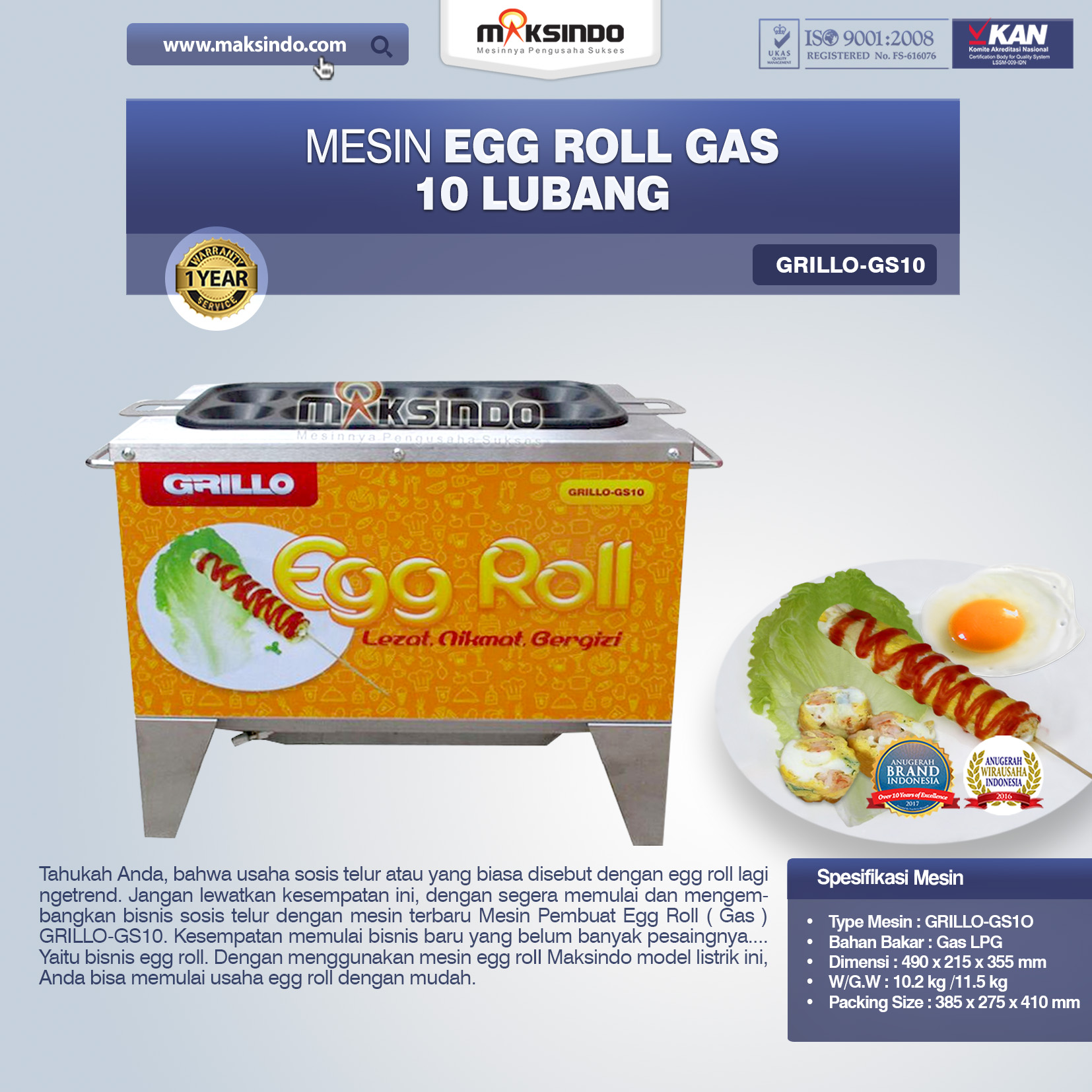 Jual Egg Roll Gas 10 Lubang GRILLO-GS10 di Bandung
