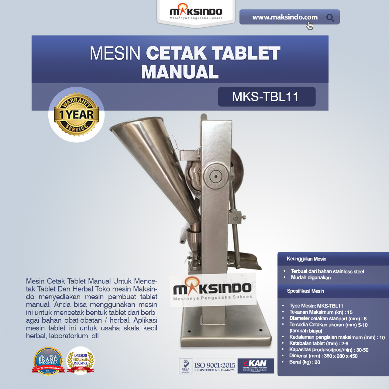 Jual Mesin Cetak Tablet Manual – MKS-TBL11 di Bandung