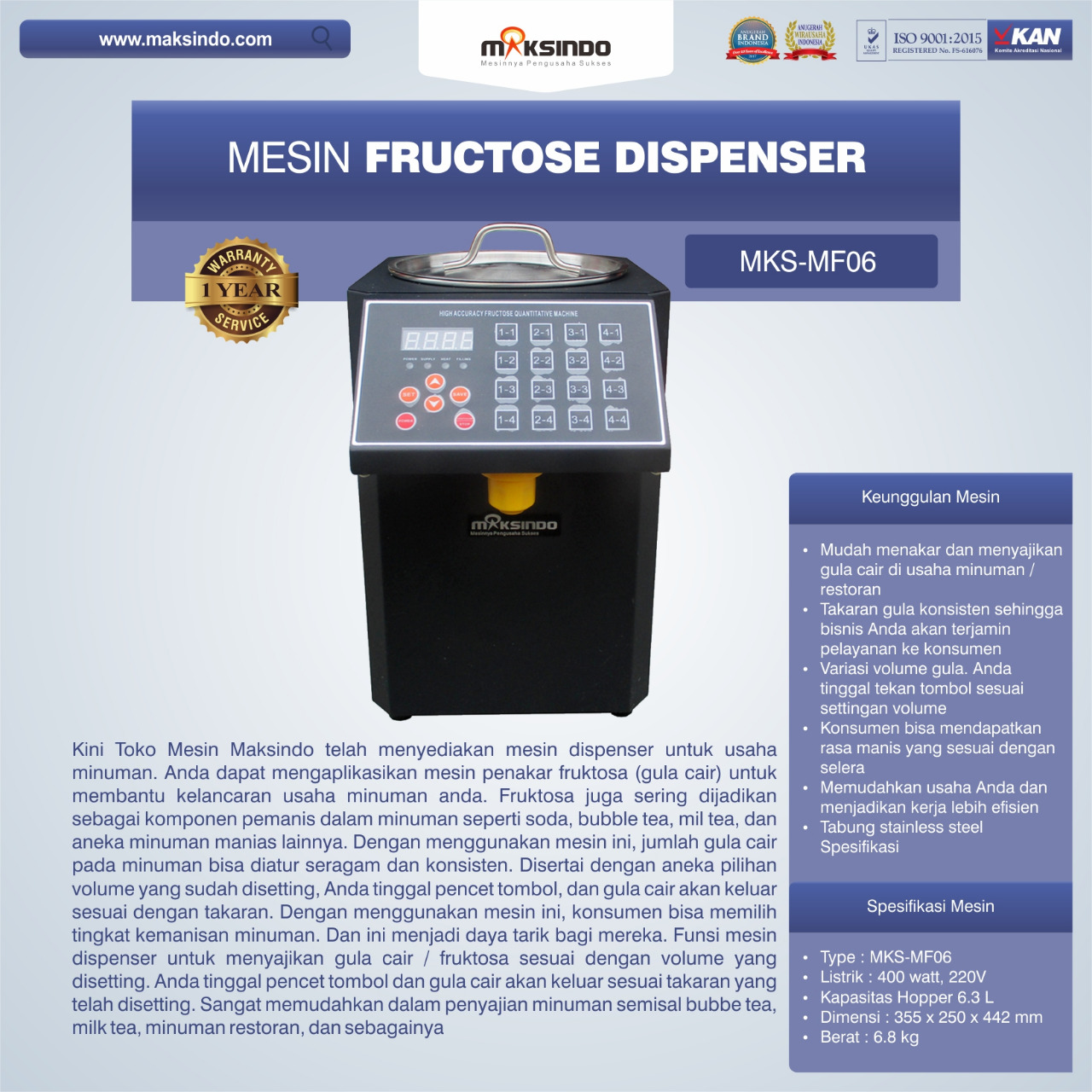 Jual Mesin Fructose Dispenser MKS-MF06 di Bandung