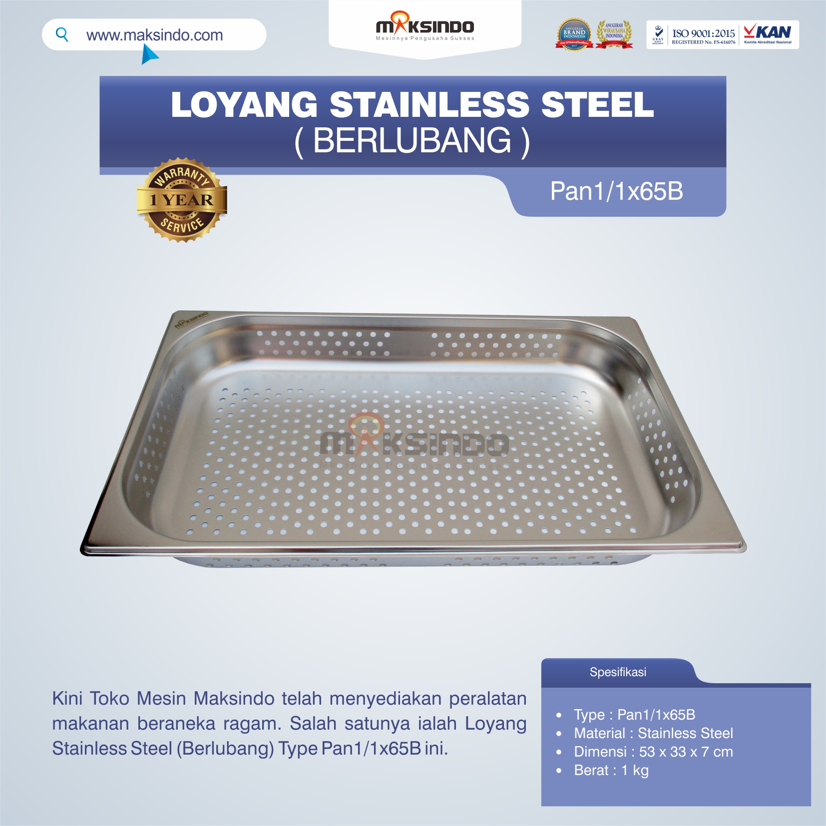 Jual Loyang Stainless Steel (Berlubang) Type Pan1/1x65B Di Bandung