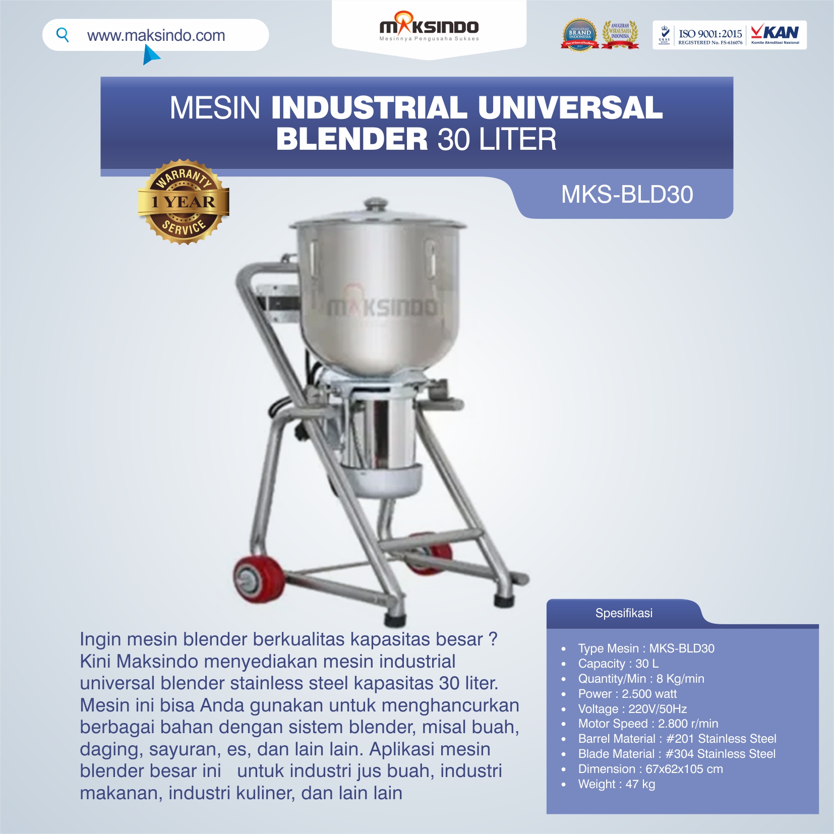 Jual Industrial Universal Blender 30 Liter MKS-BLD30 di Bandung